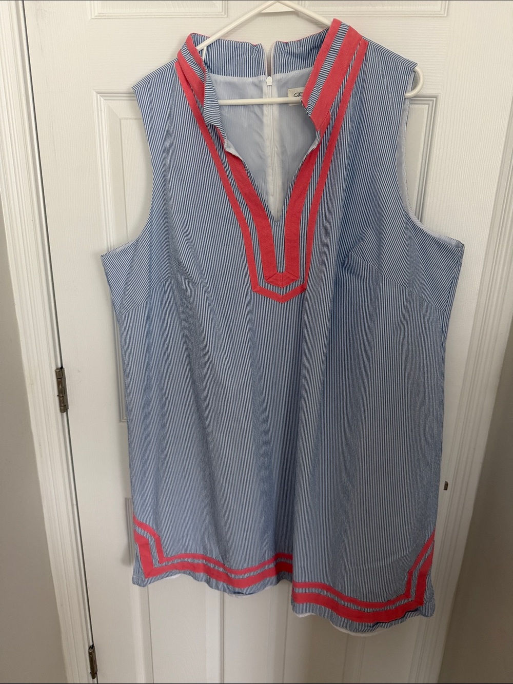 Eliza J Blue and White Striped Sleeveless Dress with Coral Trim